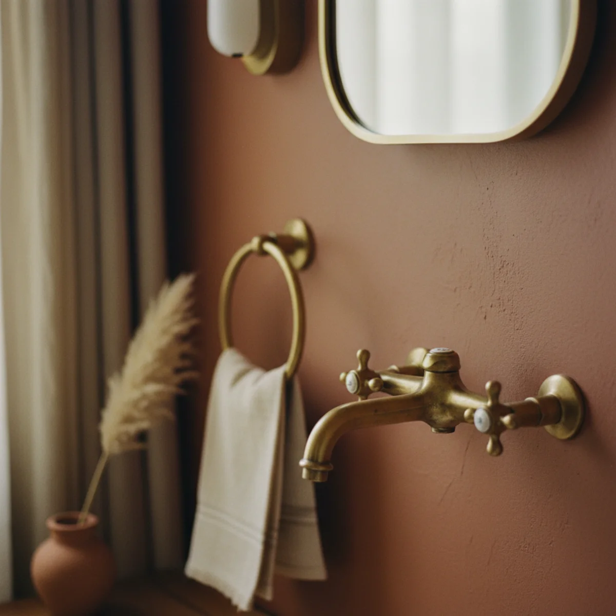 Powder room decor — aged brass faucet and hardware set in a warm powder room showing the metal language transformation from cool chrome to warm brass — Home Decor Aura