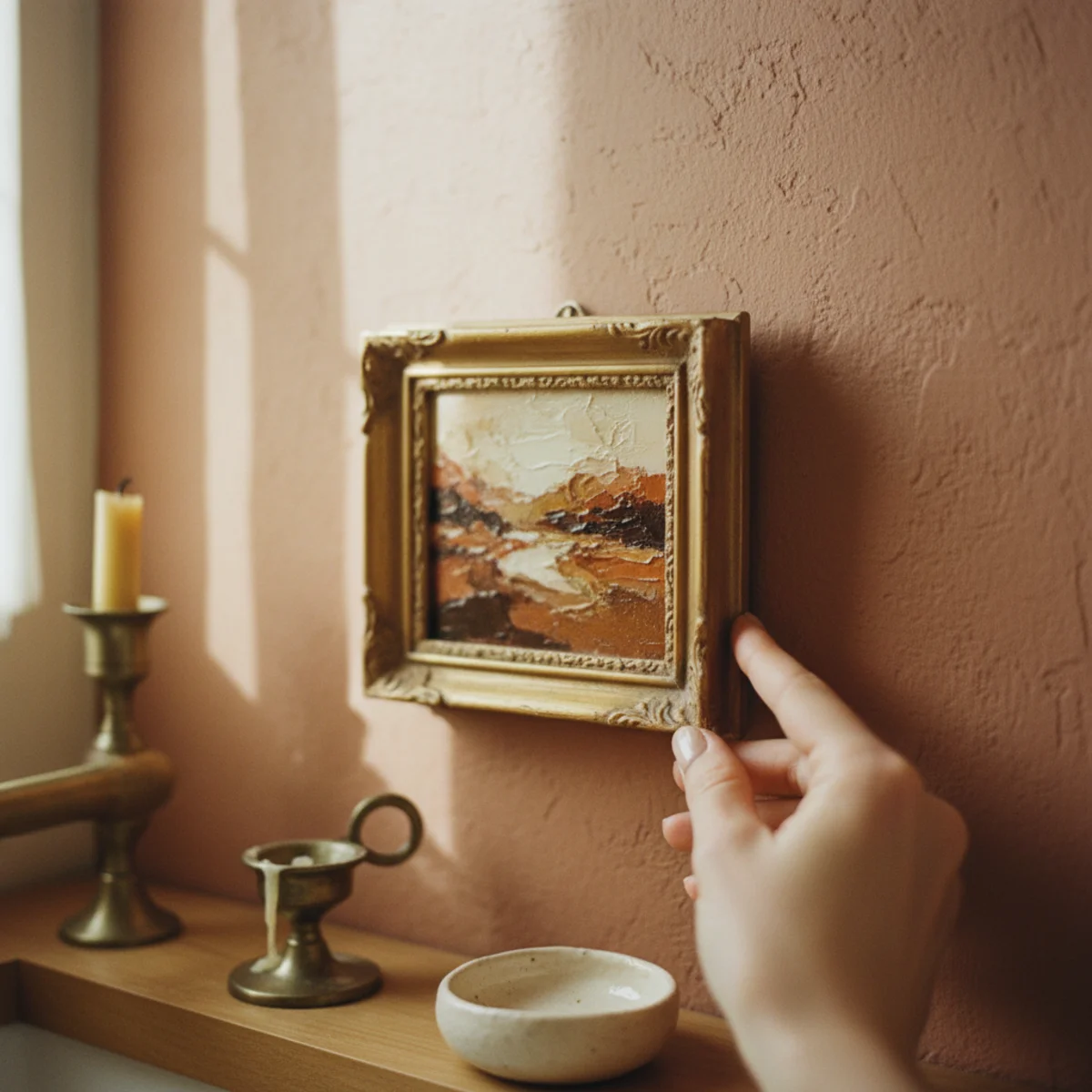 Powder room decor — one small original oil painting in aged brass frame on a deep-painted powder room wall showing art at exactly the right viewing distance — Home Decor Aura