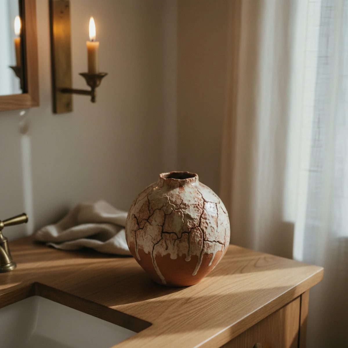 Powder room decor — hand-thrown ceramic vessel with warm glaze on powder room vanity beside warm sconce casting dimensional shadow — Home Decor Aura
