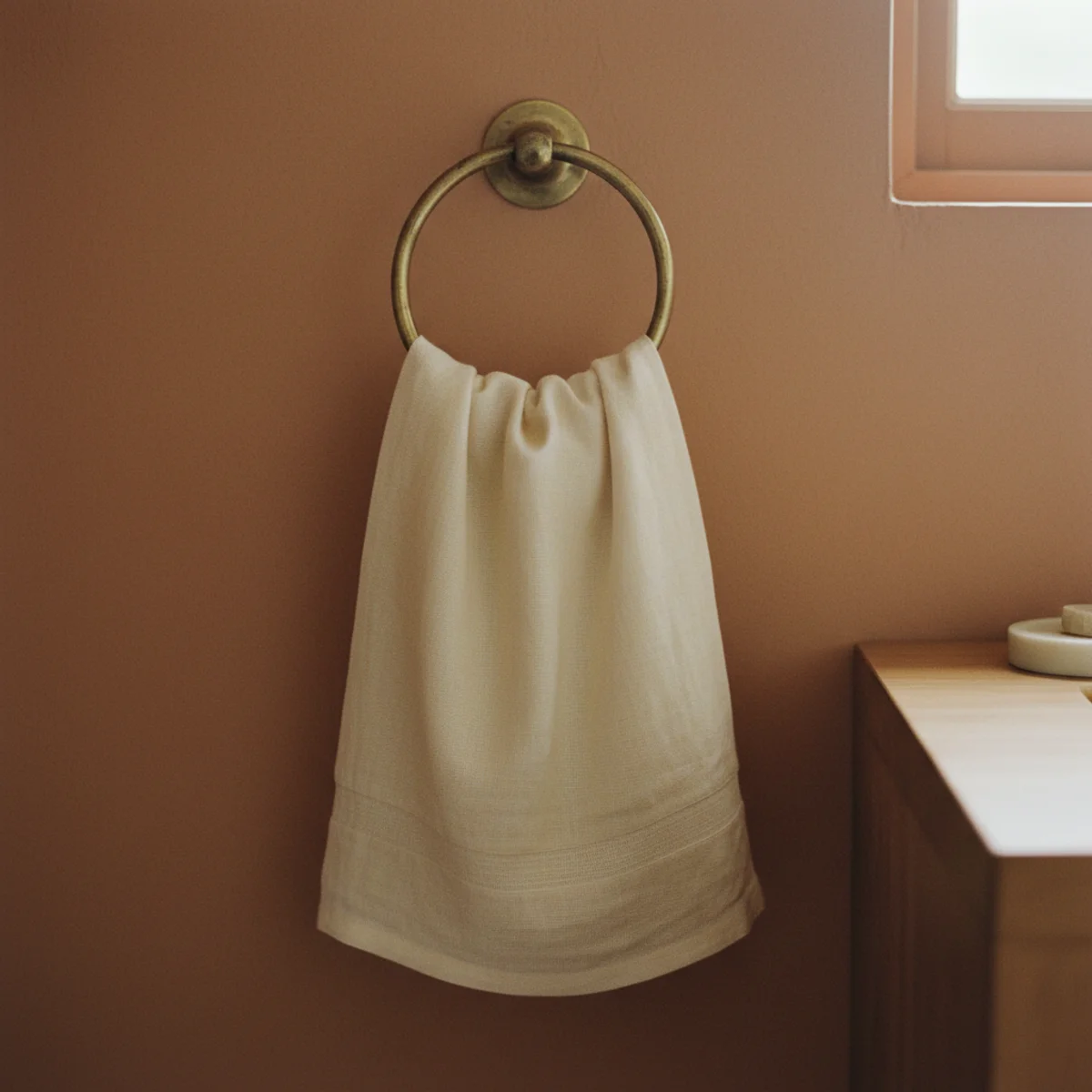 Powder room decor — washed cream linen hand towel loosely folded on a brass towel ring in a warm powder room beside brass faucet — Home Decor Aura