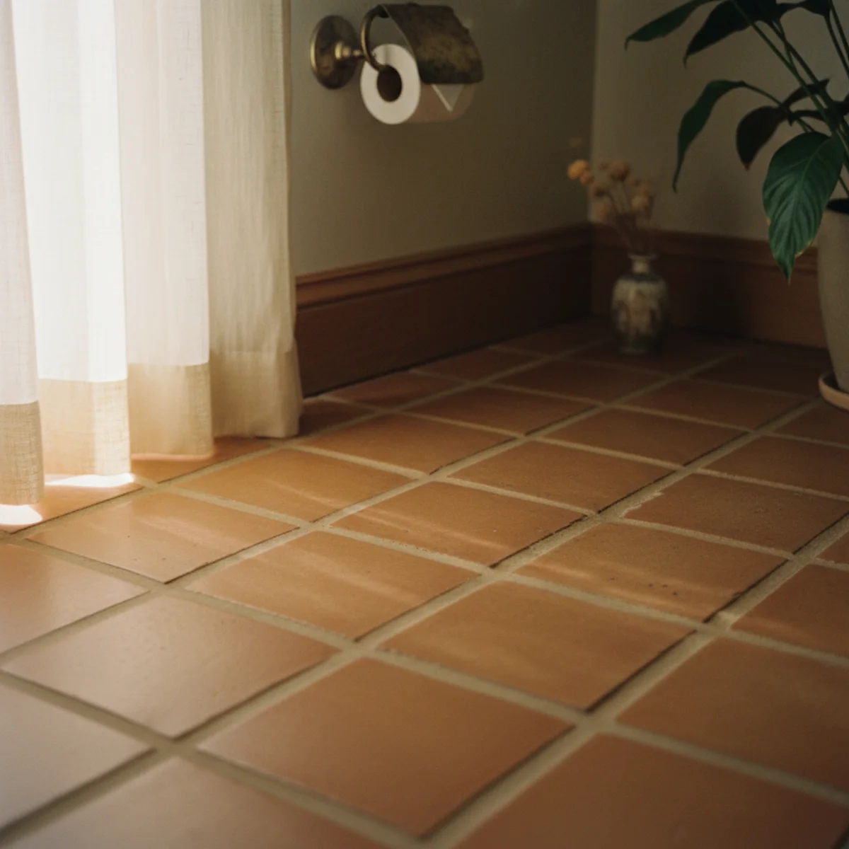 Powder room decor — small terracotta floor tile in a deep-painted powder room showing how the warm earth tile reflects warm light and completes the room's warm material language — Home Decor Aura