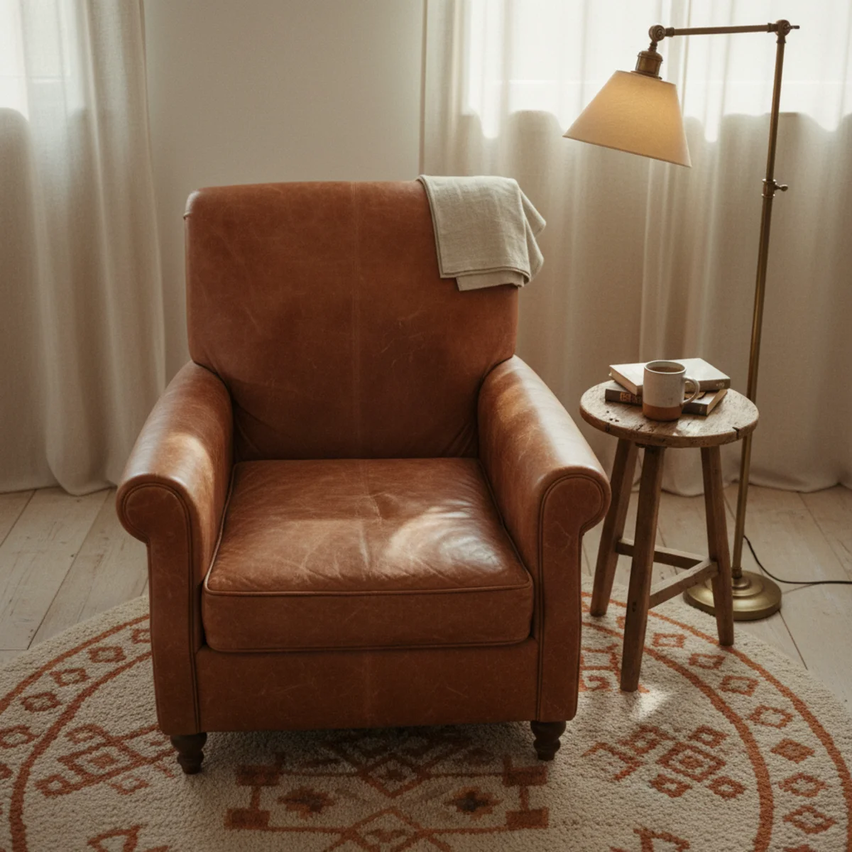 Reading nook ideas — worn leather armchair angled 45 degrees toward a window beside a floor lamp — Home Decor Aura