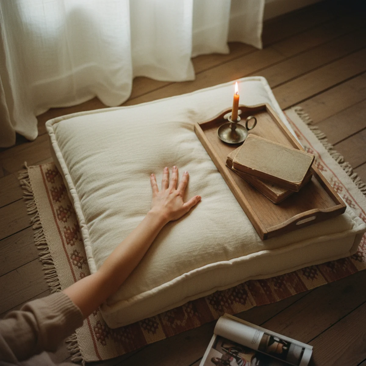 Reading nook ideas — two large boucle floor cushions stacked against a wall with a wool throw and small side stool for tea — Home Decor Aura