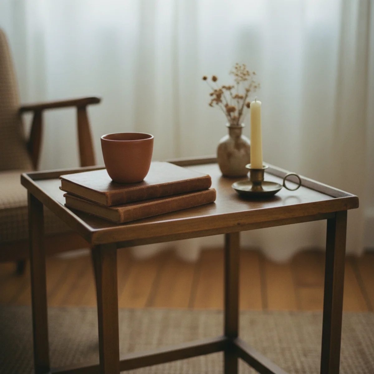 Reading nook ideas — small wooden side table beside a leather armchair holding a mug, books, and reading glasses — Home Decor Aura