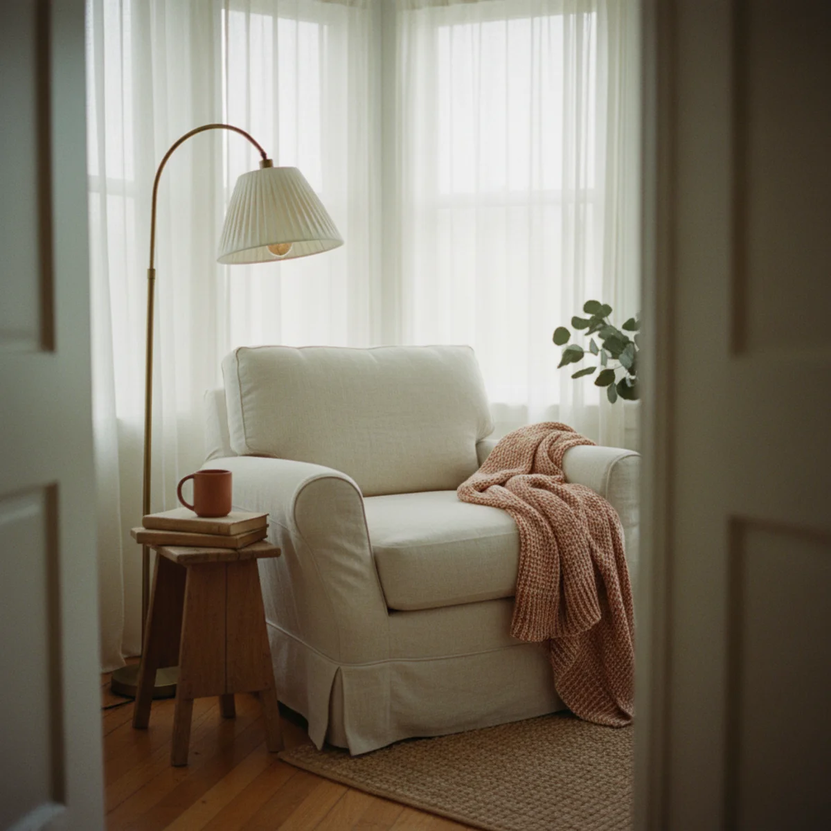 Reading nook ideas — leather armchair angled in a window corner with morning sunlight falling over the shoulder — Home Decor Aura