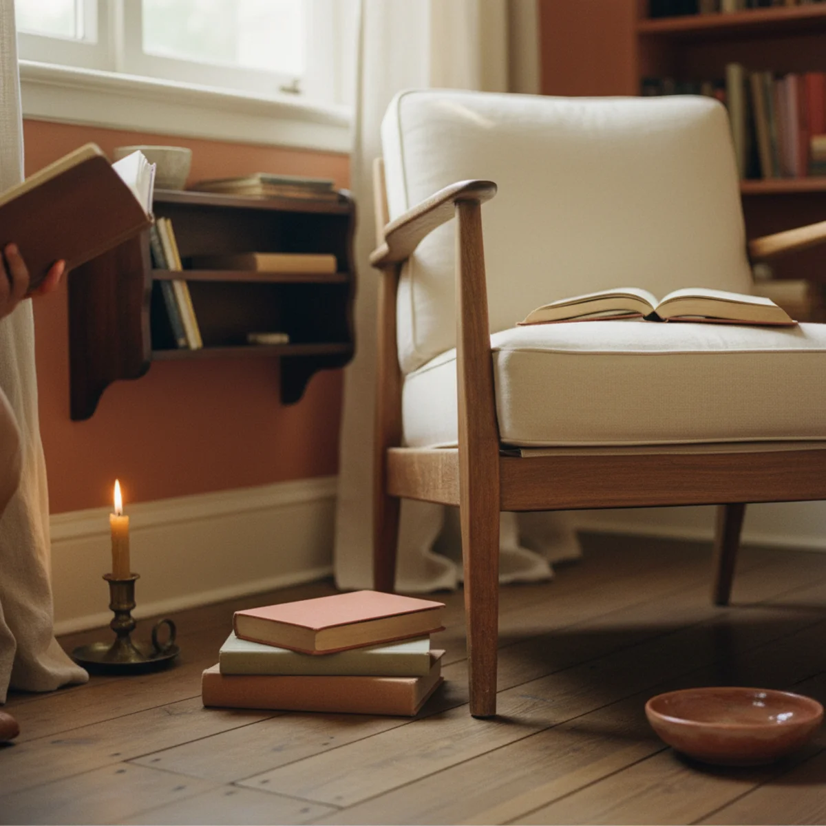 Reading nook ideas — low oak bookshelf beside a reading chair holding a curated stack of cloth-bound books and a small candle — Home Decor Aura