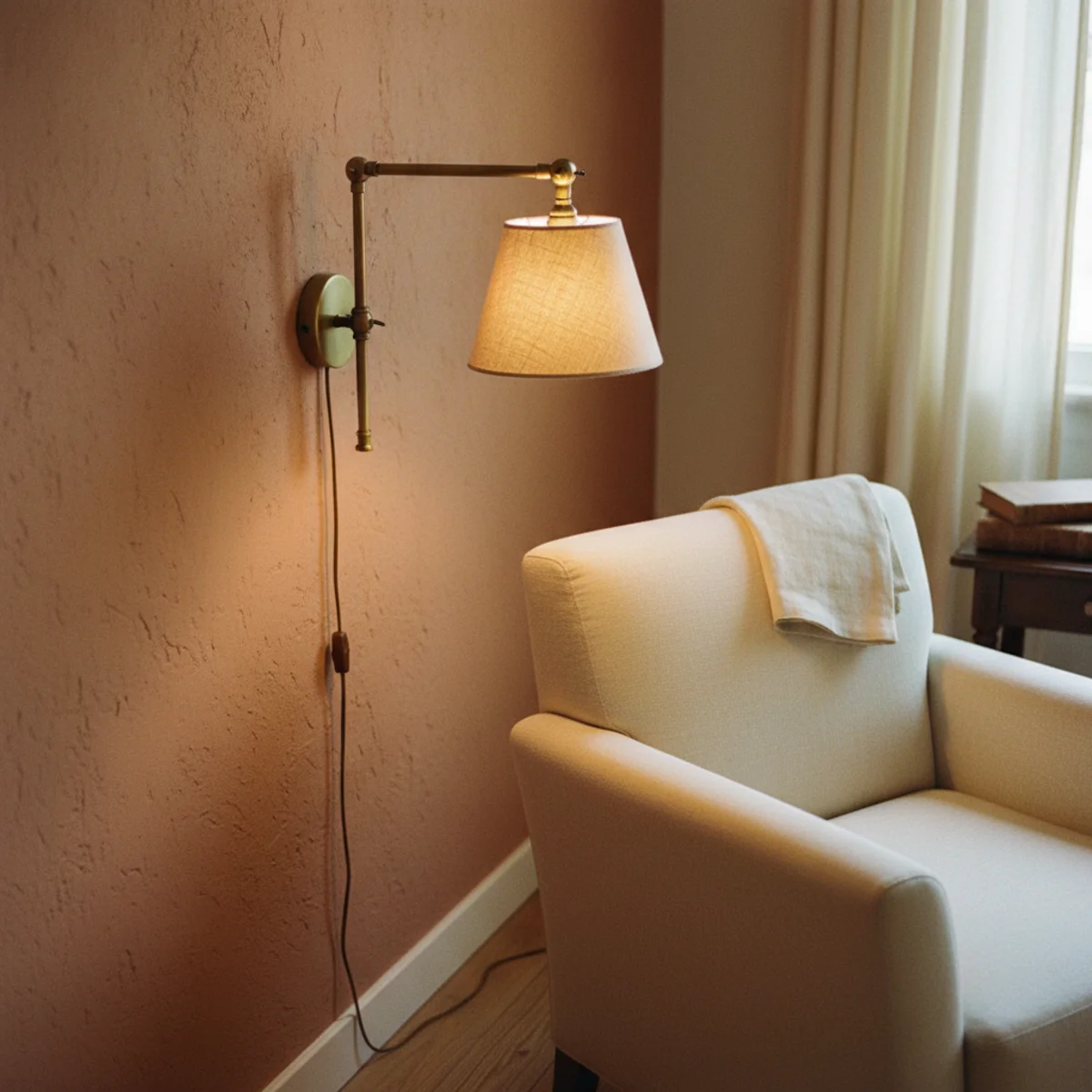 Reading nook ideas — brass plug-in swing-arm wall sconce mounted at 50 inches above the floor beside a reading chair — Home Decor Aura
