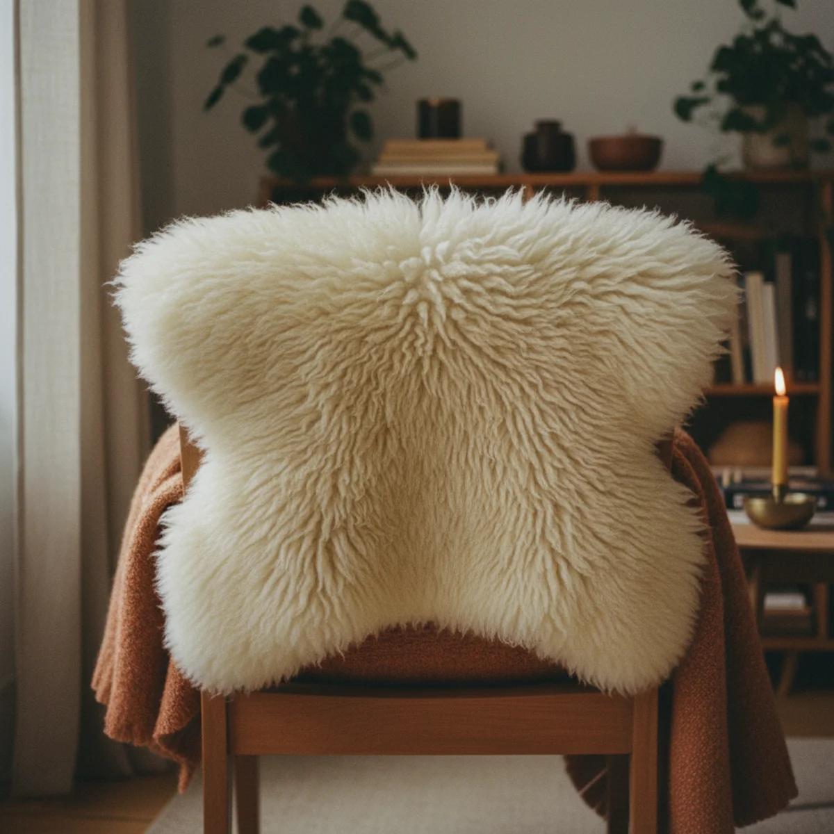 Reading nook ideas — natural cream sheepskin draped diagonally over the back of a leather reading armchair — Home Decor Aura