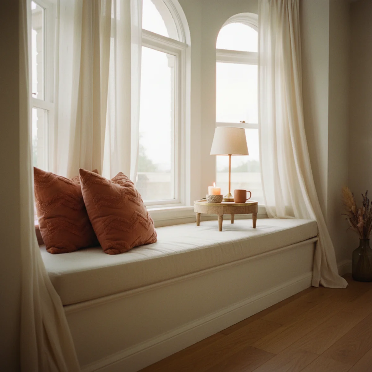 Reading nook ideas — bay window with a linen cushion seat and layered throw cushions beside a stack of books — Home Decor Aura