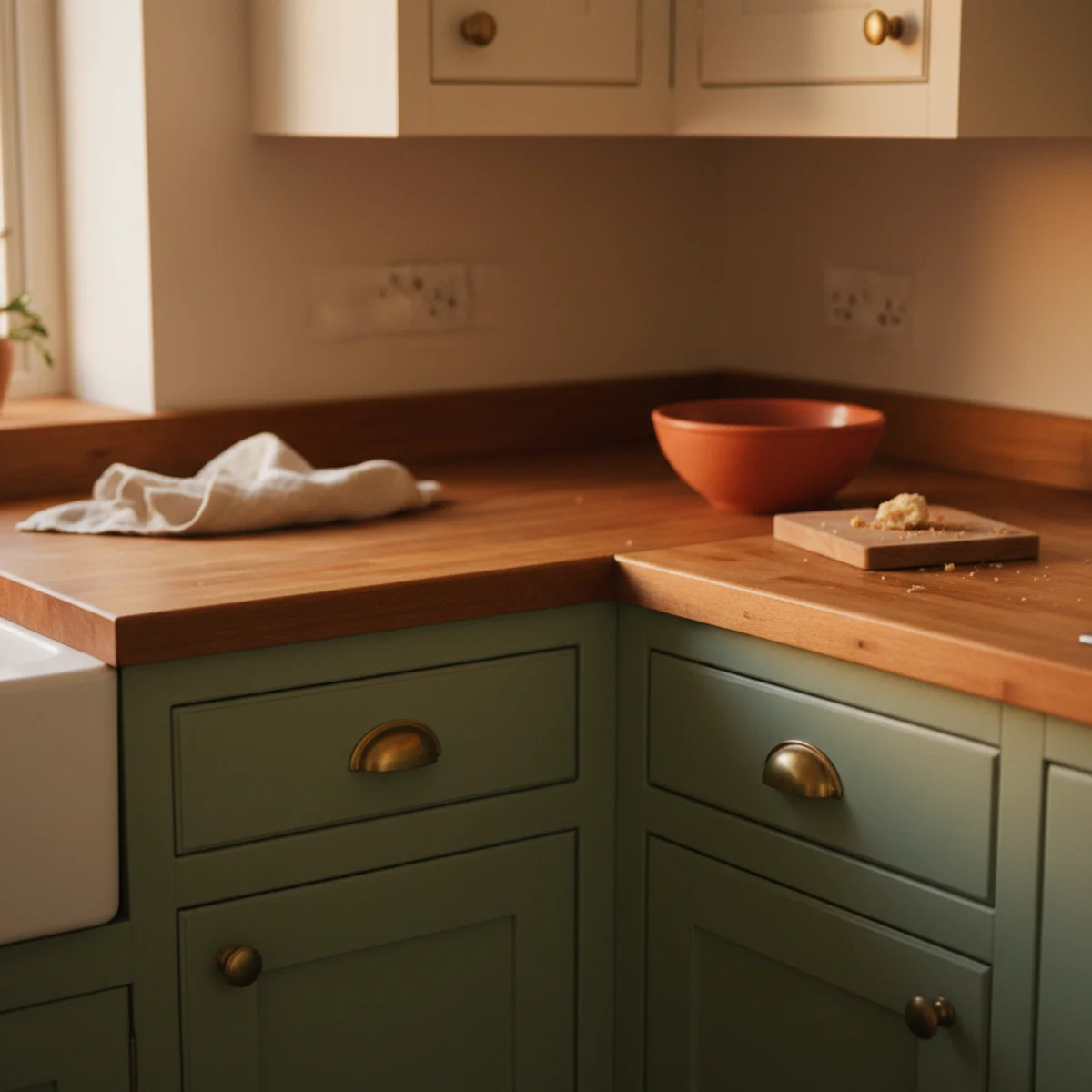 Sage green decor — kitchen with sage-painted lower cabinets in Farrow & Ball Mizzle 266 with aged brass hardware, butcher block countertop, and cream upper cabinets showing warm sage kitchen — Home Decor Aura