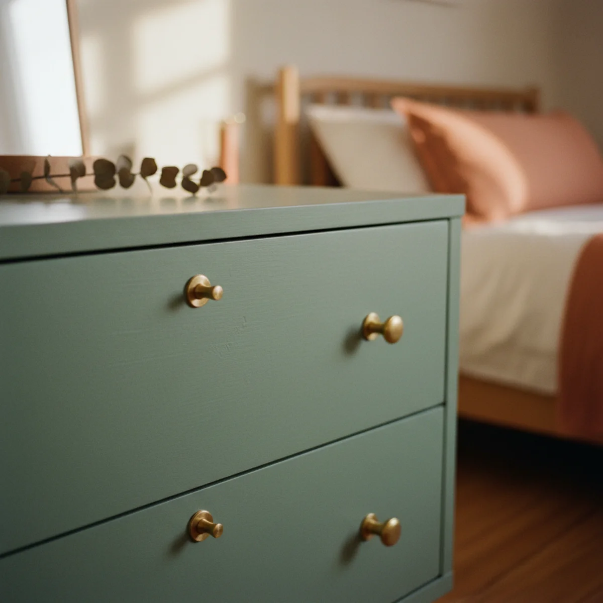 Sage green decor — vintage thrifted dresser painted in sage chalk paint with aged brass knob hardware positioned against cream wall with warm oak floors — Home Decor Aura