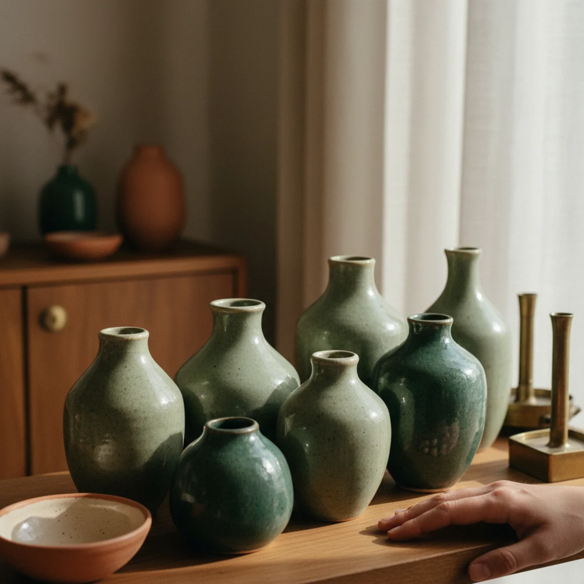 Sage green decor — grouping of three hand-thrown sage-glazed ceramic vessels of varying heights with dried eucalyptus stems on a warm wood shelf showing glaze variation and throwing marks — Home Decor Aura