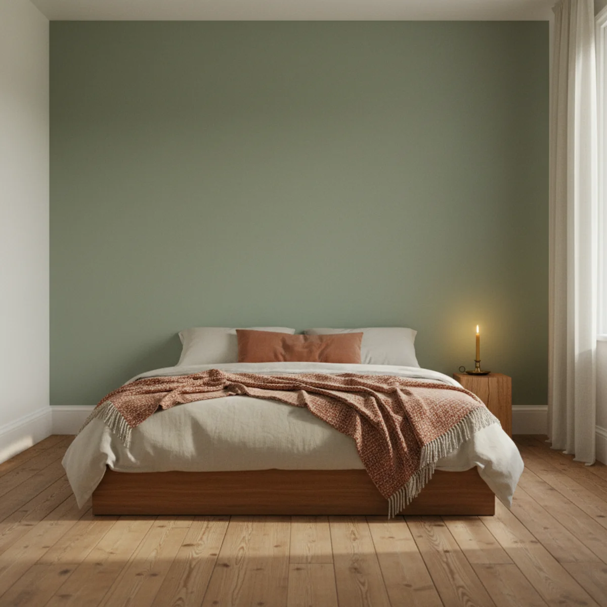 Sage green decor — bedroom with single sage accent wall behind bed painted in Farrow & Ball Cromarty 285 with cream surrounding walls, warm wood floors, and vintage botanical print mounted on the sage — Home Decor Aura