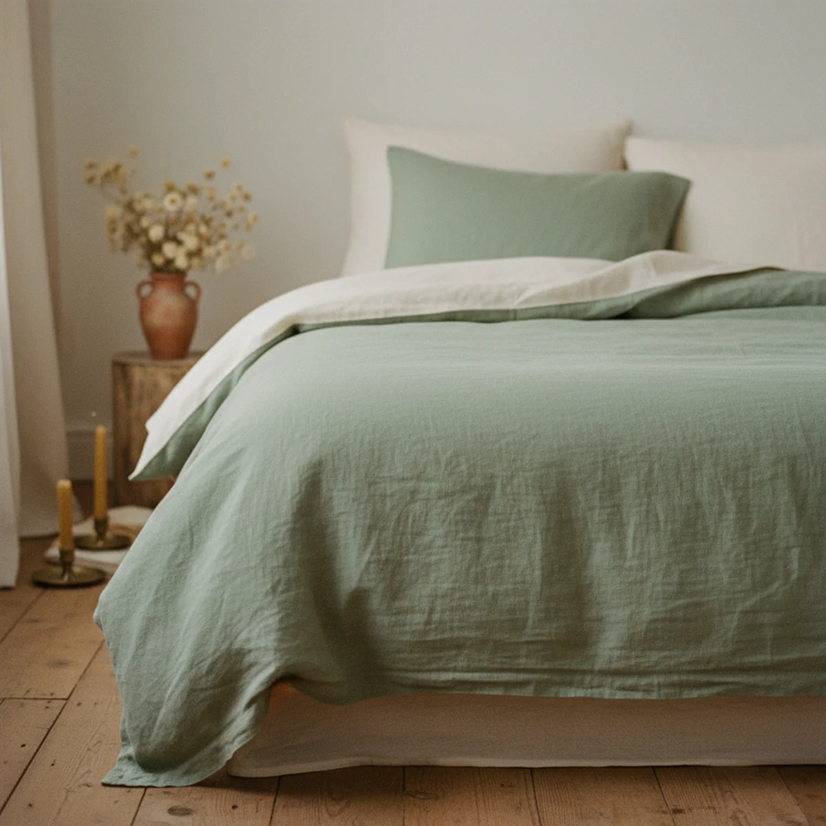 Sage green decor — bed with sage washed linen duvet cover, cream fitted and flat sheets, and single terracotta linen pillowcase accent showing the sage-cream-terracotta combination in a warm bedroom — Home Decor Aura