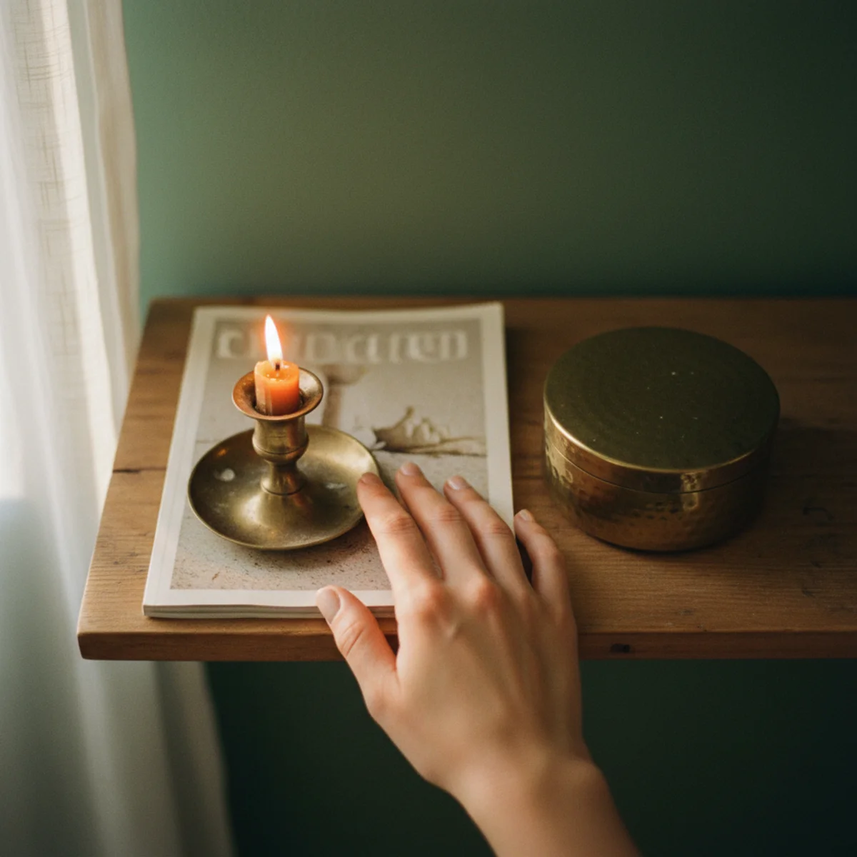 Sage green decor — sage-painted dresser with unlacquered brass hardware pulls showing the signature sage-and-brass pairing with warm patina brass against muted warm sage — Home Decor Aura