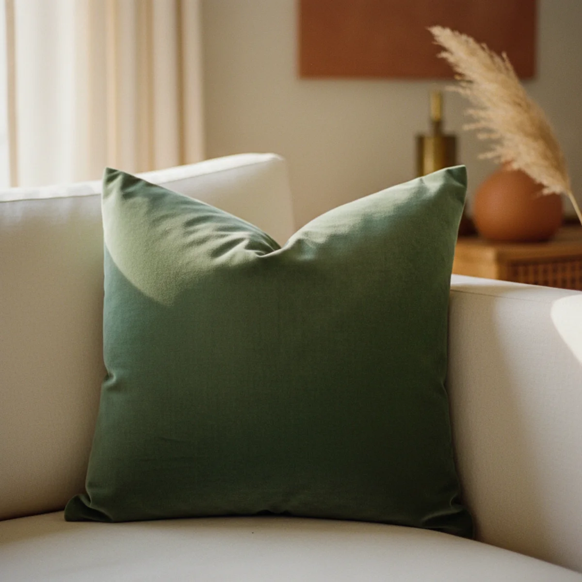 Sage green decor — single muted sage velvet cushion positioned among four cream and oat linen cushions on a sofa showing the rich velvet pile depth against flat linen contrast — Home Decor Aura