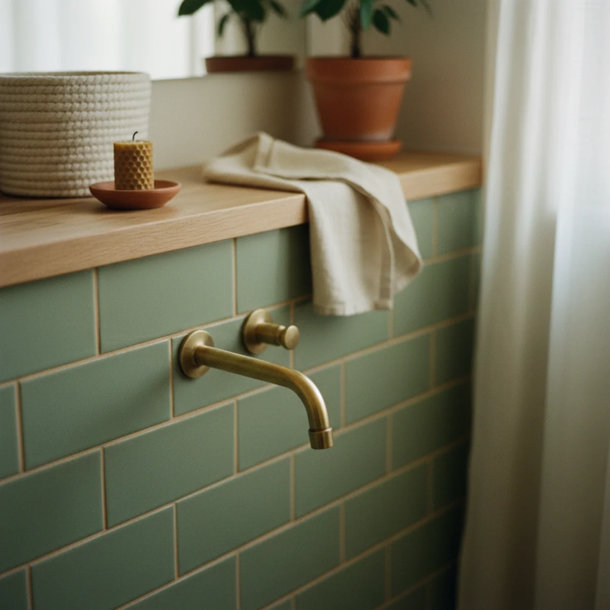 Sage green decor — bathroom with sage green subway tile walls, warm cream grout, unlacquered brass faucet, and warm wood vanity creating botanical spa atmosphere — Home Decor Aura