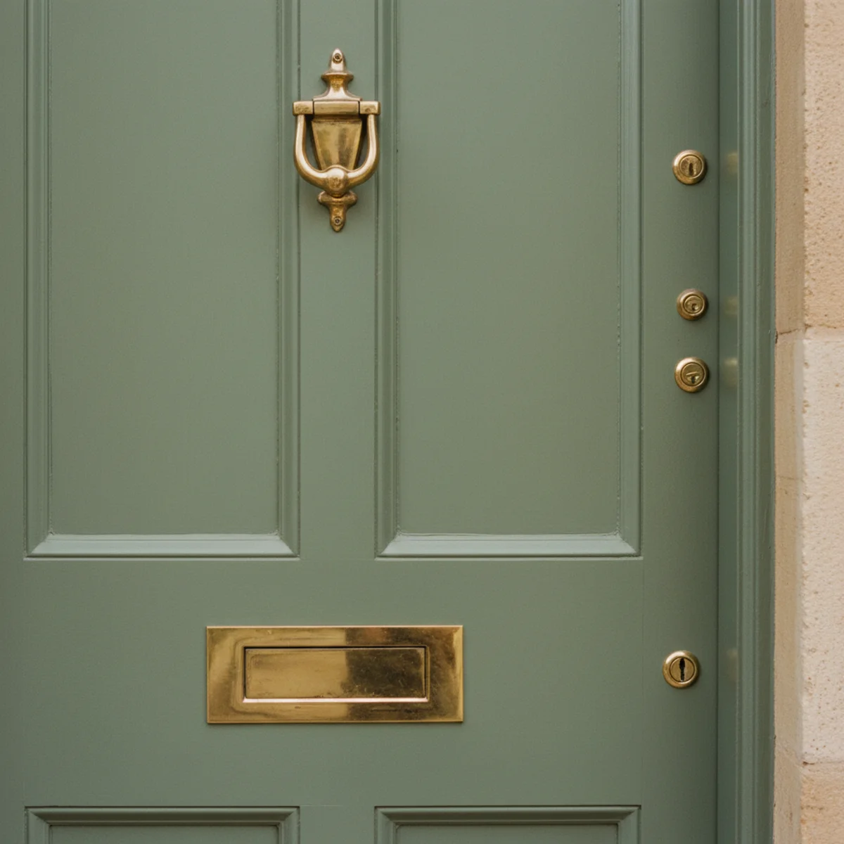 Sage green decor — sage-painted front door in Farrow & Ball Mizzle 266 with aged brass door knocker and house numbers against cream exterior facade creating warm botanical curb appeal — Home Decor Aura