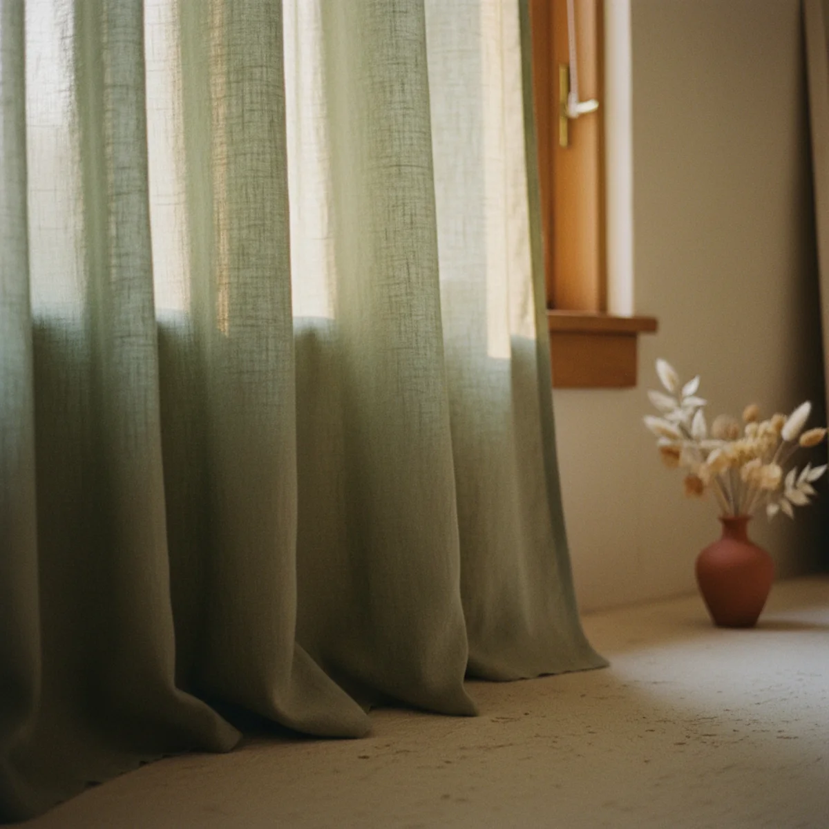 Sage green decor — sage washed linen curtain panels hung ceiling to floor in a living room with cream walls and warm oak floors showing soft fabric movement and warm light filtering through — Home Decor Aura