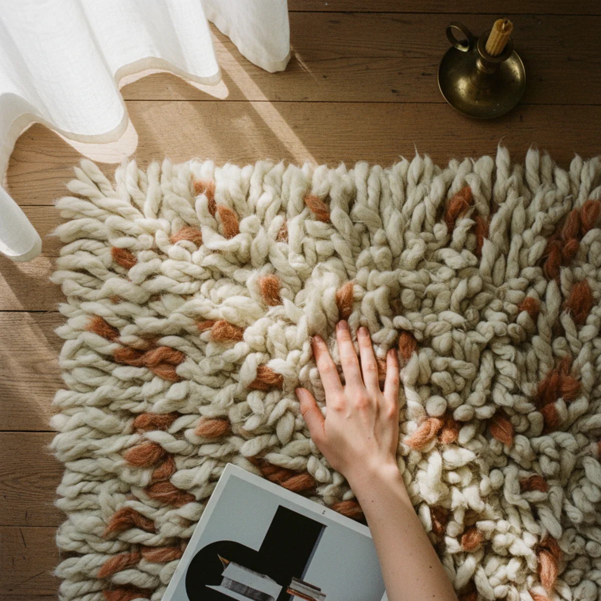 Scandinavian living room — chunky Beni Ourain Moroccan wool rug layered over a larger jute base rug in a Scandinavian living room with light oak floors — Home Decor Aura