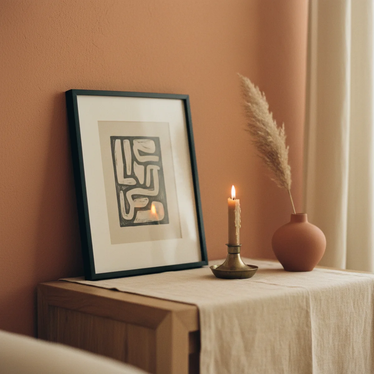 Scandinavian living room — Scandinavian living room with one black-framed photograph above a sofa, small matte black ceramic vase on the console, and oiled bronze drawer pulls providing sparse contrast in a warm hygge interior — Home Decor Aura