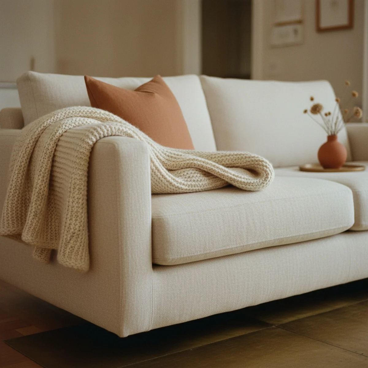 Scandinavian living room — Scandinavian living room with real sheepskin diagonally over armchair, wool throws on sofa, mixed linen cushions, and chunky knit throw in a warm hygge interior — Home Decor Aura