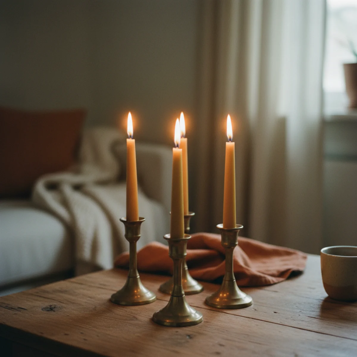 Scandinavian living room — Scandinavian living room with eight unscented candles distributed across coffee table, console, and mantel creating warm pools of flickering light in evening — Home Decor Aura