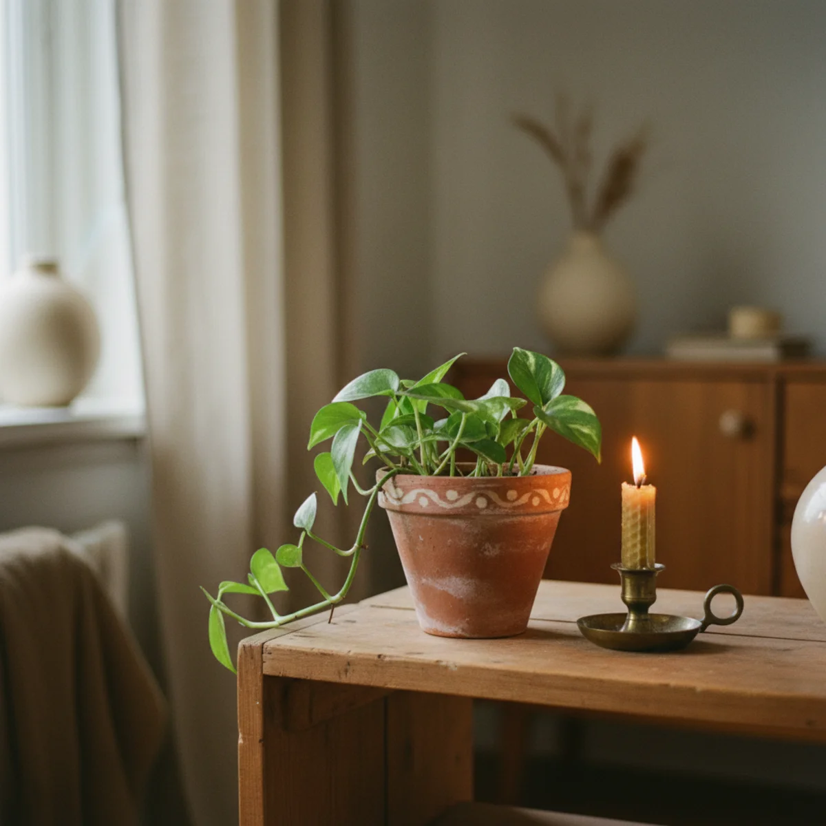 Scandinavian living room — Scandinavian living room with pilea peperomioides on console, snake plant beside sofa, small olive tree in corner, and herbs on windowsill in a warm hygge interior — Home Decor Aura