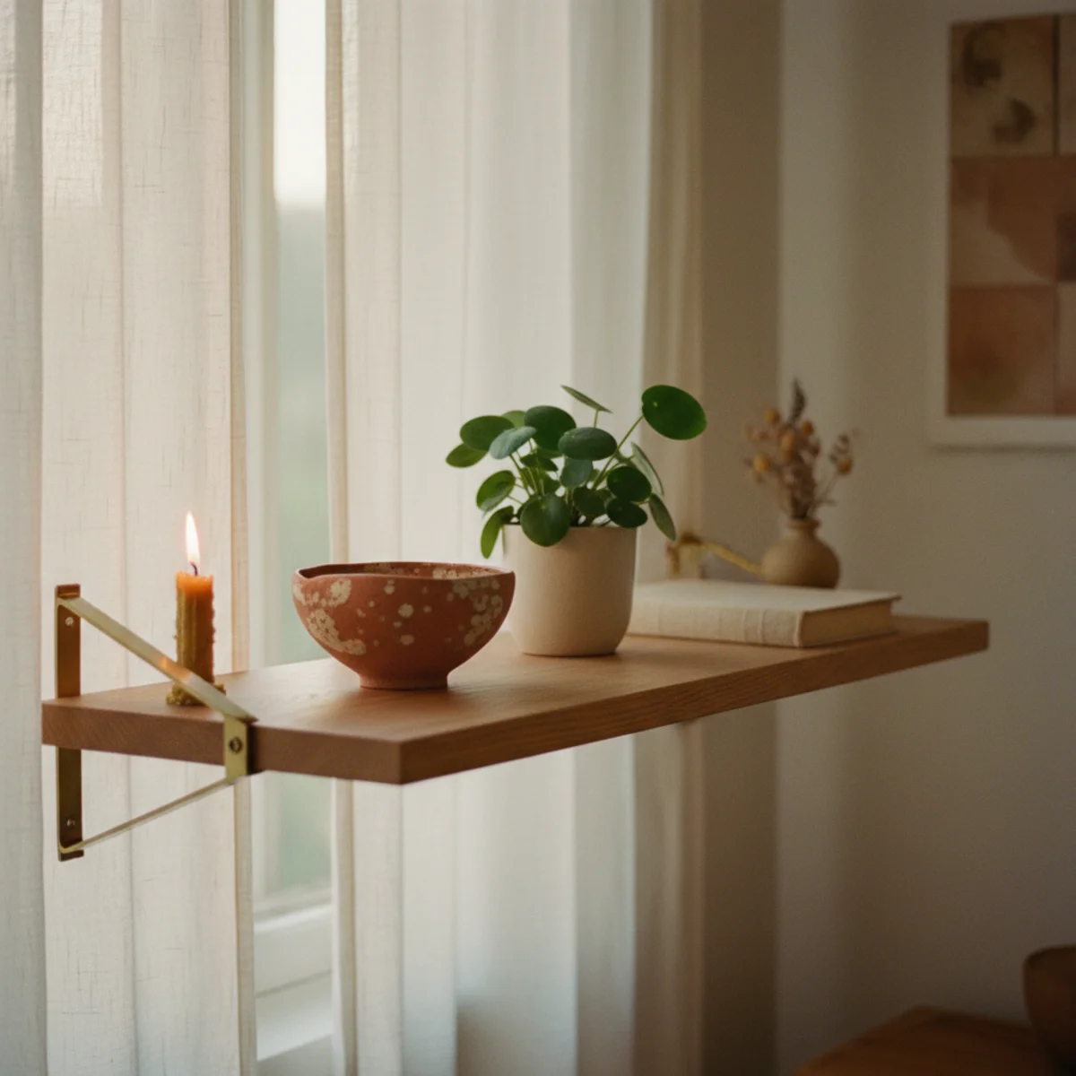 Scandinavian living room — Scandinavian coffee table with only 4 carefully-styled items including a small stack of books, ceramic vessel, and tray with candle in a warm hygge interior with empty surface around — Home Decor Aura