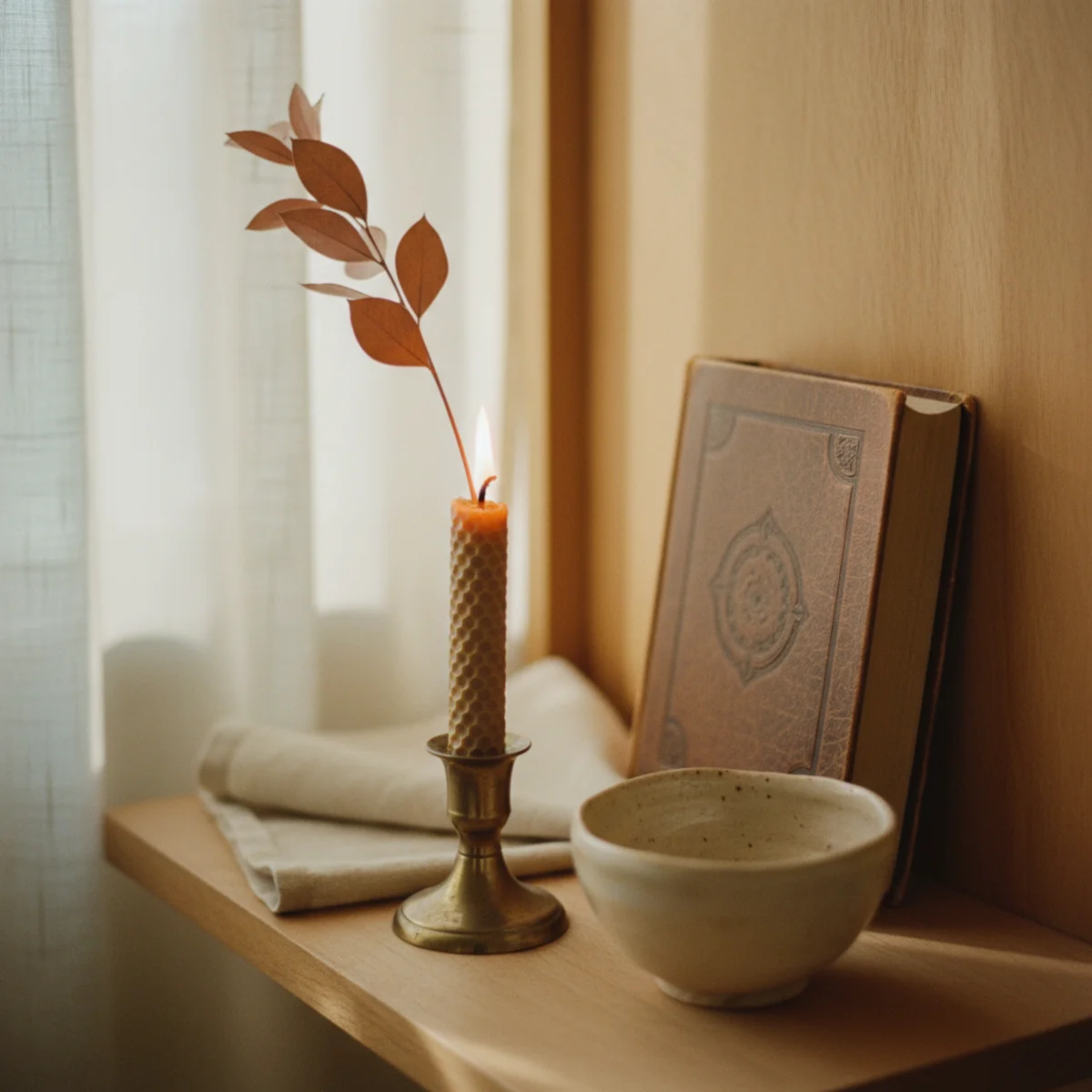 Shelf styling ideas — open shelf vignette showing three depth planes with leaning art back, ceramics middle, small object front — Home Decor Aura