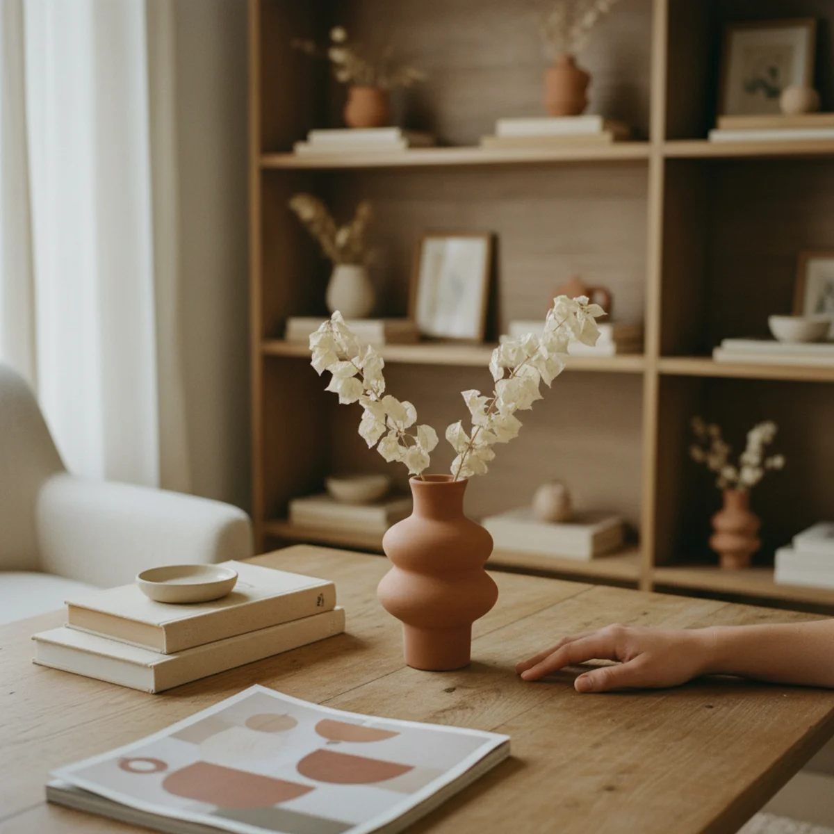 Shelf styling ideas — open shelving unit with two distinct vignettes per shelf separated by empty space showing clear boundaries — Home Decor Aura