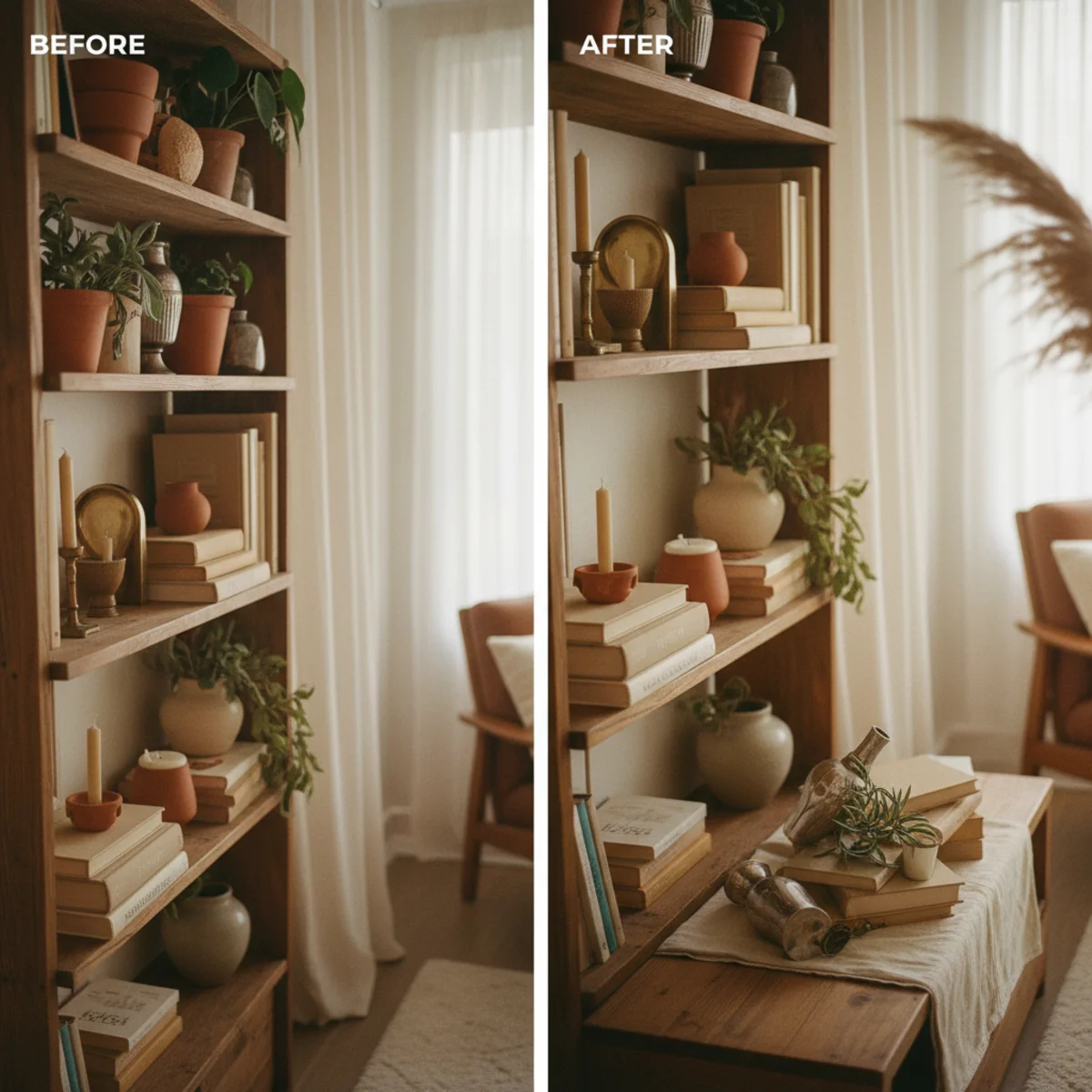 Shelf styling ideas — candidate styling objects sorted by category and color on a table before being arranged on a shelf — Home Decor Aura