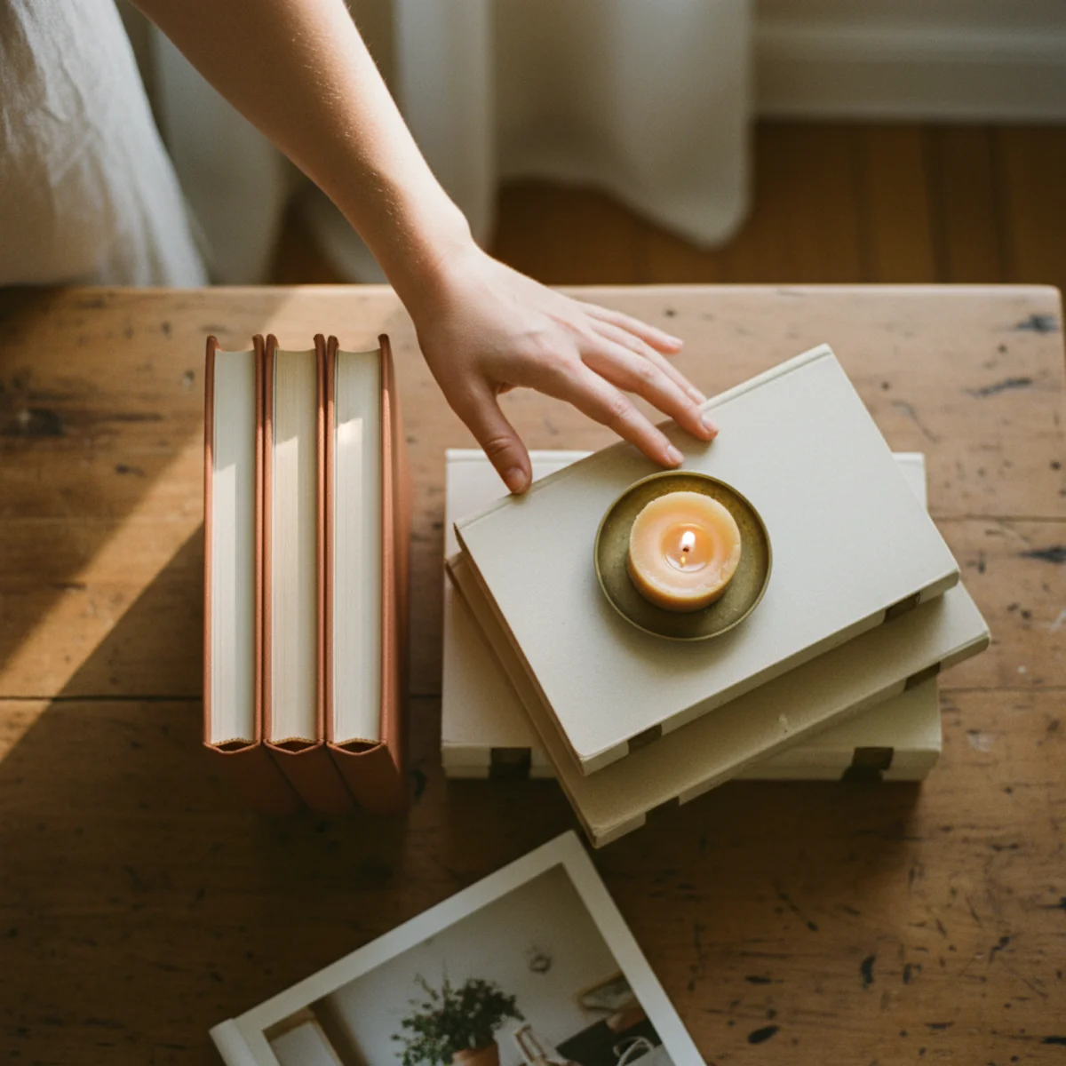 Shelf styling ideas — open shelf with books stacked horizontally and standing vertically with small objects on top of stacks — Home Decor Aura