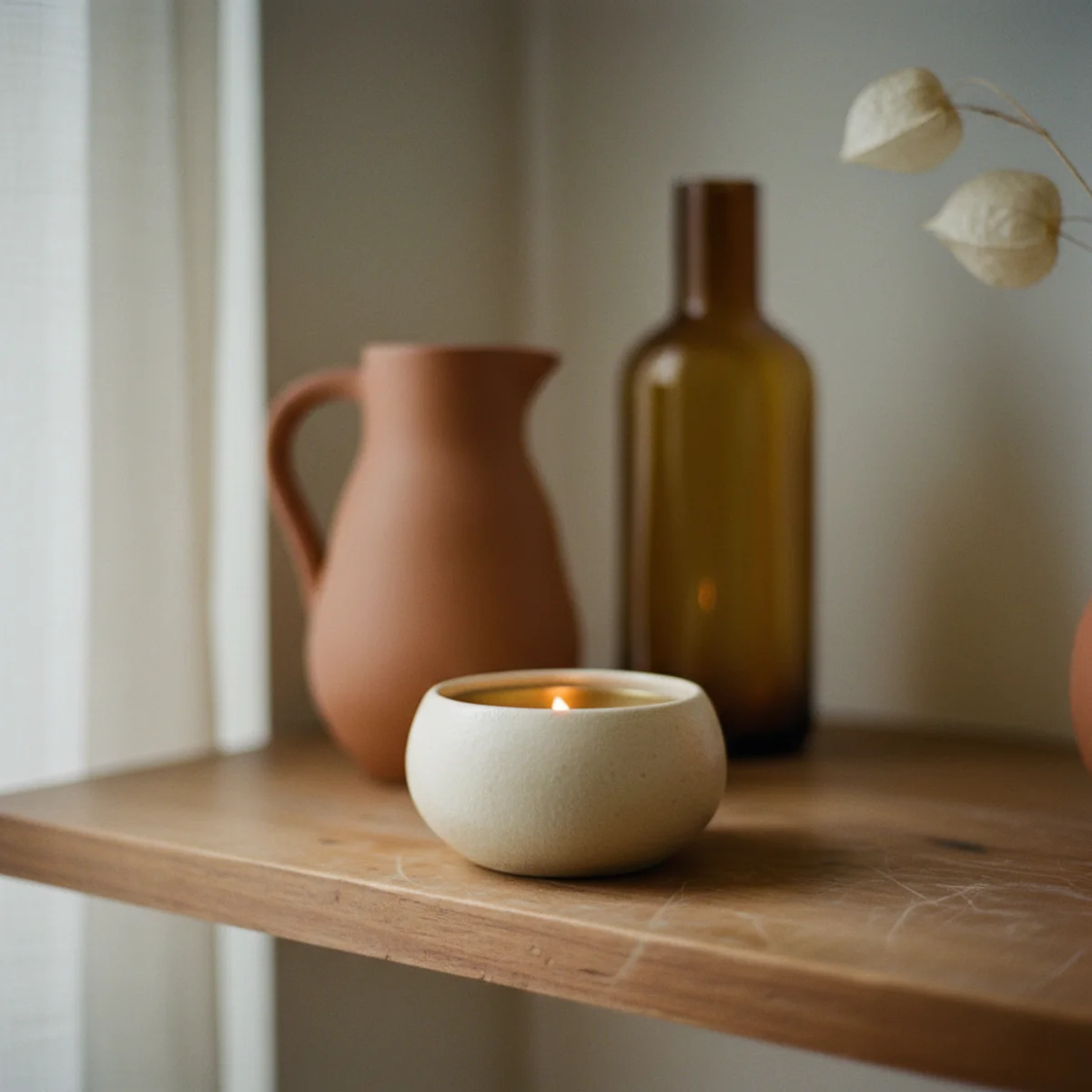 Shelf styling ideas — open shelf vignette with three objects at varied heights showing tall vase, medium ceramic on book stack, and short candle — Home Decor Aura