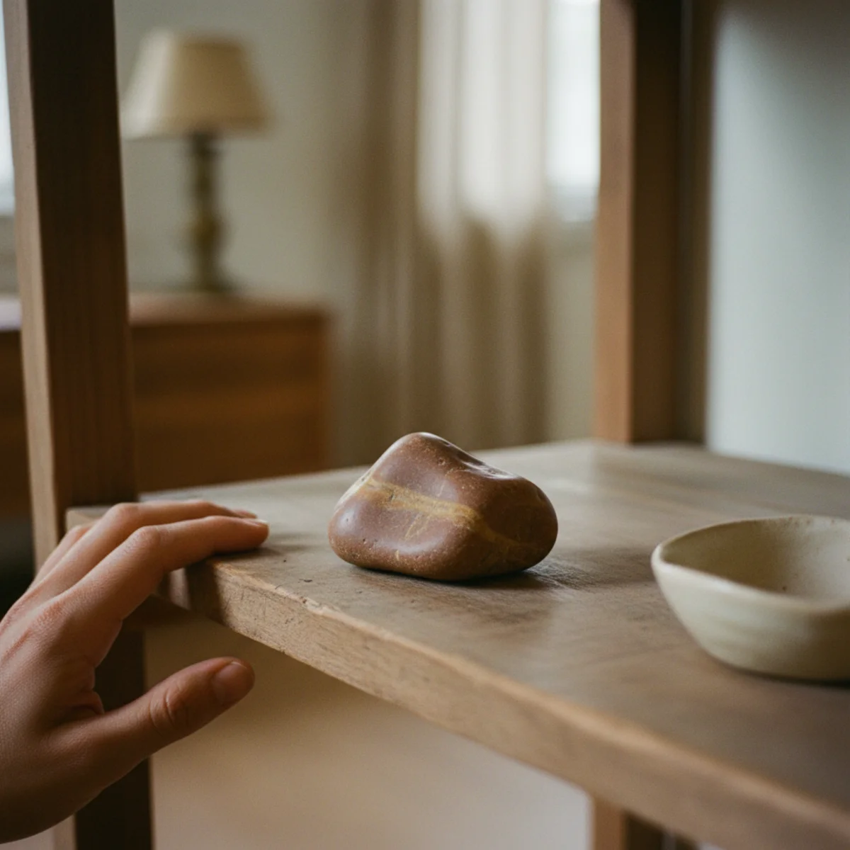 Shelf styling ideas — hand-thrown stoneware vessel anchoring a shelf vignette with supporting books and small frame — Home Decor Aura