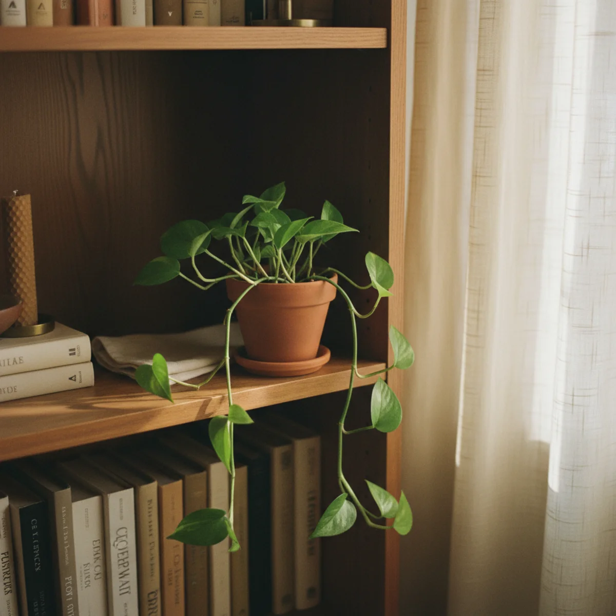 Shelf styling ideas — small succulent in ceramic pot positioned within a styled shelf vignette beside stacked books and small ceramic — Home Decor Aura