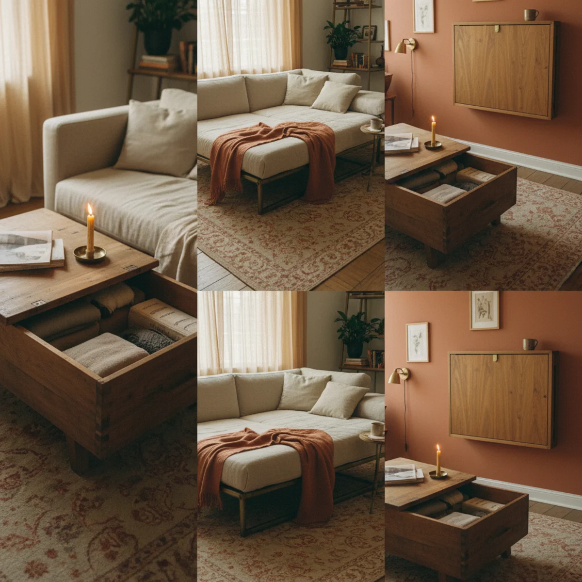 Small apartment decorating ideas — large linen storage ottoman serving as coffee table with wooden tray on top in a warm small apartment — Home Decor Aura