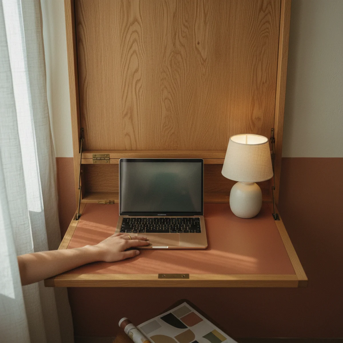 Small apartment decorating ideas — wall-mounted fold-down desk extended for working in a warm small apartment — Home Decor Aura