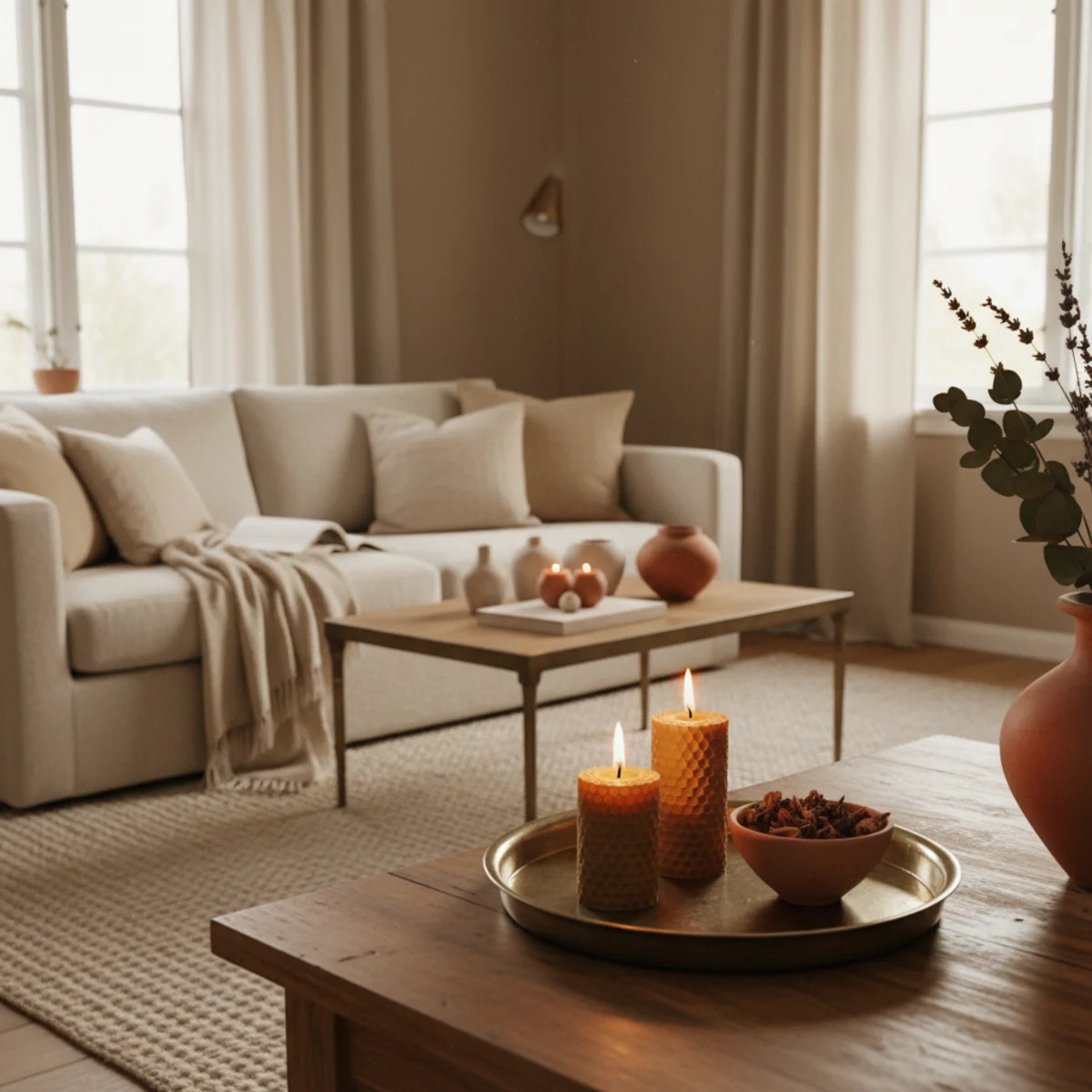 Small apartment decorating ideas — small apartment with consistent warm cream, terracotta accent, and oak wood palette across living, dining, and sleeping zones — Home Decor Aura