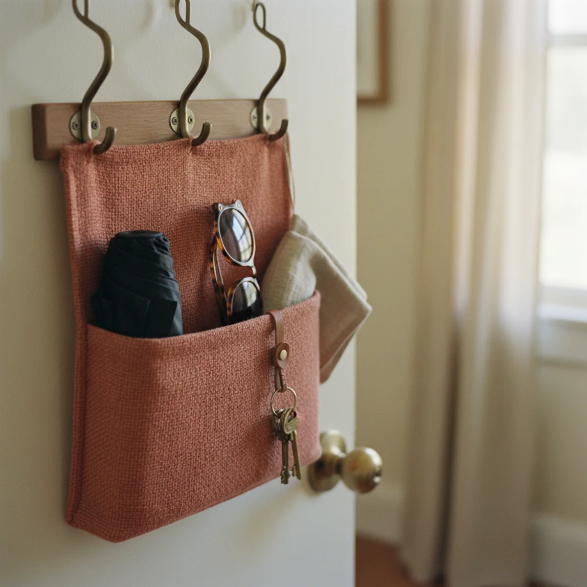 Small apartment decorating ideas — over-the-door shoe organizer with pockets holding small items behind a bedroom door in a warm small apartment — Home Decor Aura