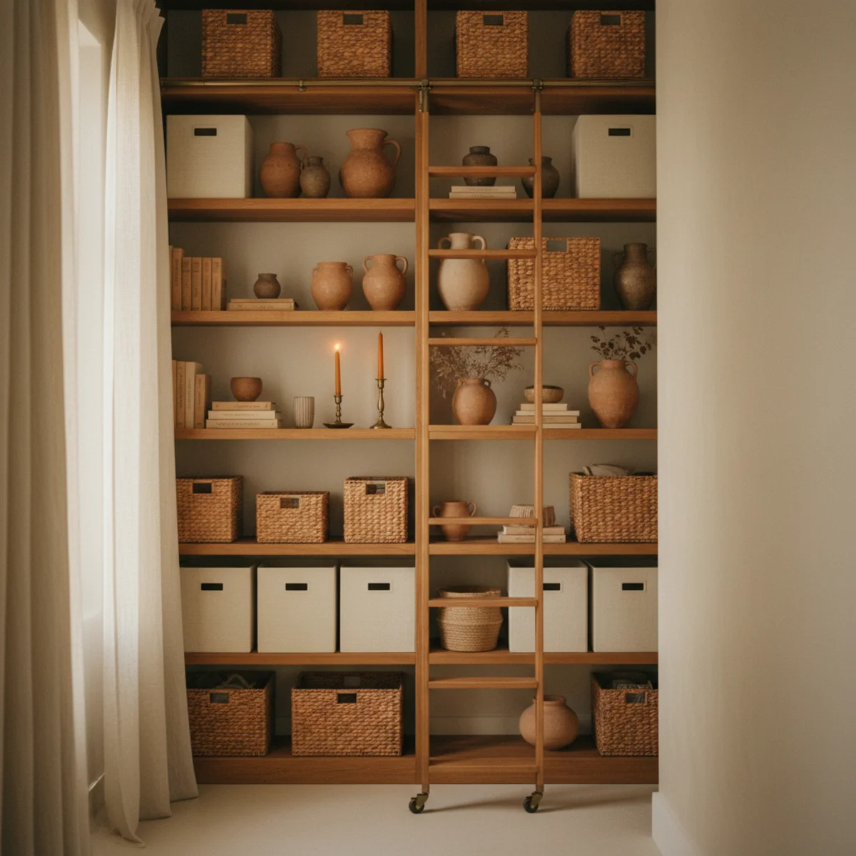Small apartment decorating ideas — tall narrow oak bookshelf extending to within 12 inches of ceiling in a warm small apartment for vertical storage — Home Decor Aura