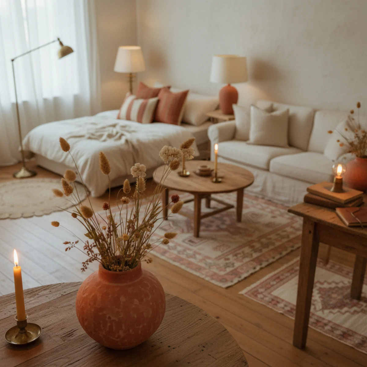 Small apartment decorating ideas — studio apartment with living zone defined by area rug and sofa back facing sleeping zone defined by separate rug and folding screen — Home Decor Aura