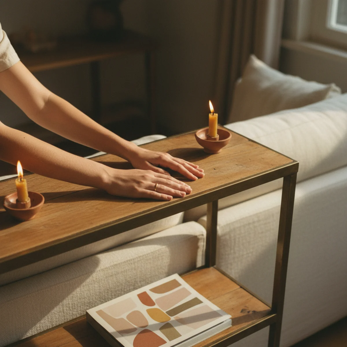Small apartment decorating ideas — small apartment sofa floated 6 inches off the wall with narrow console behind in a warm apartment — Home Decor Aura