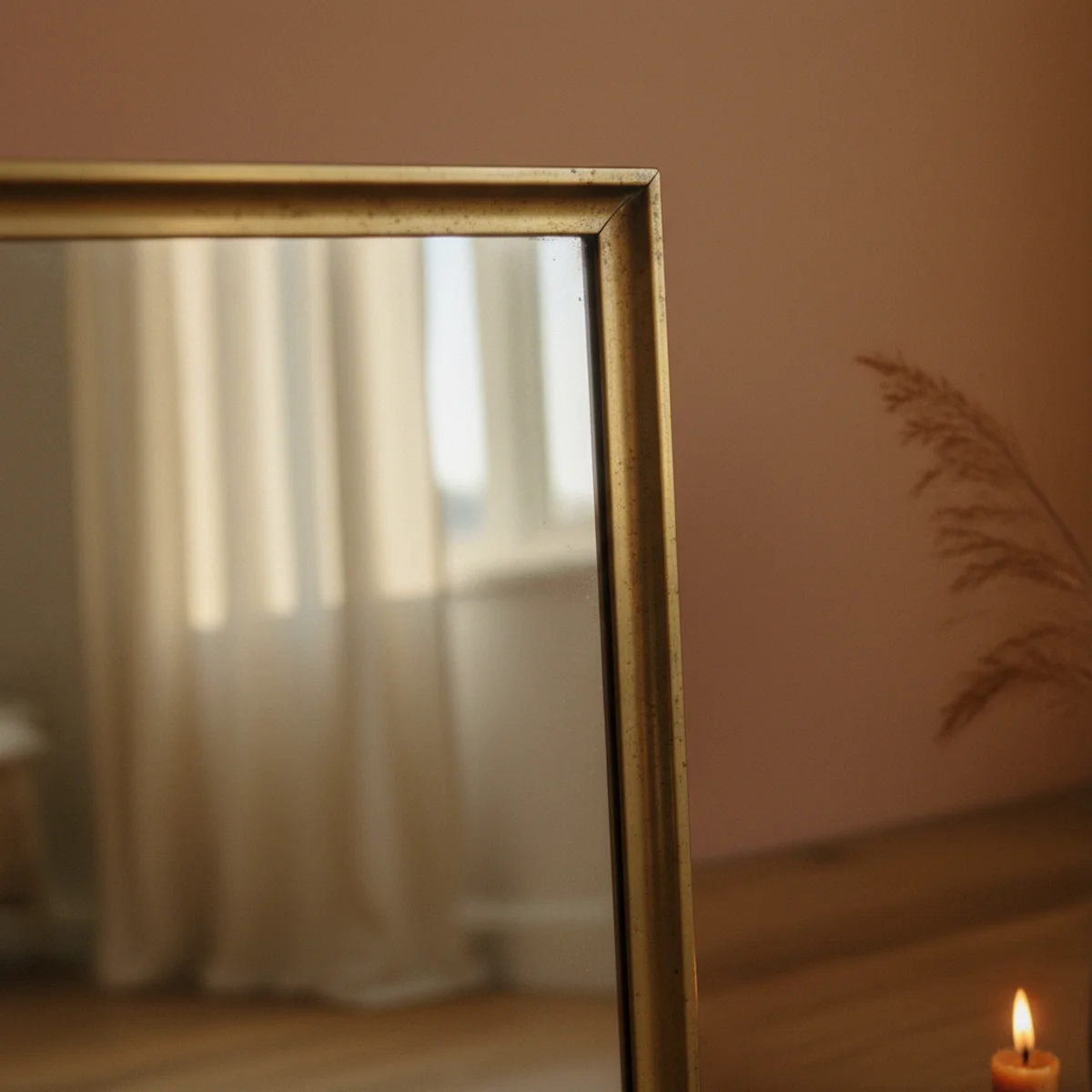 Small apartment decorating ideas — large 48-inch round mirror in aged brass frame on wall opposite a window in a warm small apartment bouncing natural light — Home Decor Aura