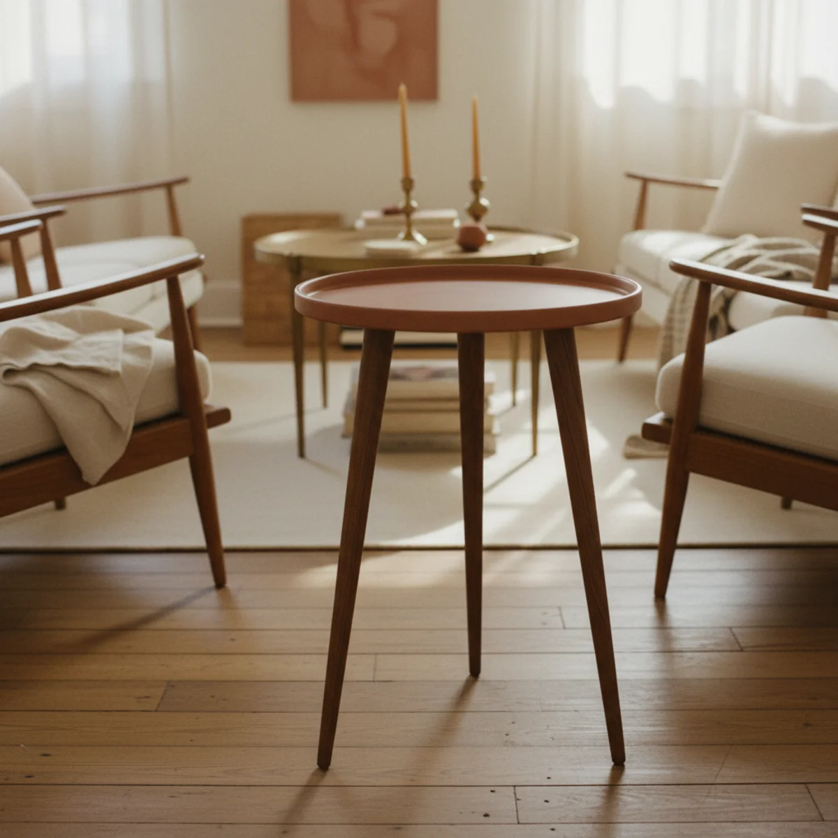 Small apartment decorating ideas — small apartment with leggy mid-century sofa, leggy console, and leggy chairs all with visible floor underneath in a warm apartment — Home Decor Aura