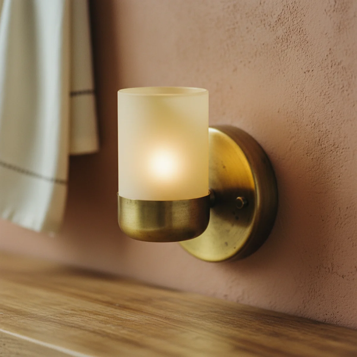 Small bathroom ideas — large framed mirror spanning near full vanity width with brass sconces flanking showing the space-doubling warm light reflection effect — Home Decor Aura