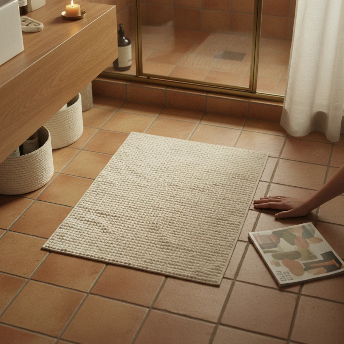 Small bathroom ideas — small bathroom with clear floor showing only bath mat and teak stool revealing full floor square footage — Home Decor Aura