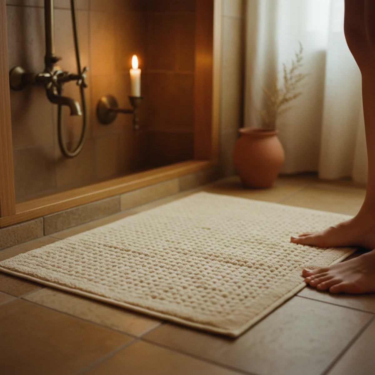 Small bathroom ideas — waffle cotton bath mat in warm cream in front of shower in small bathroom showing textured natural material underfoot — Home Decor Aura