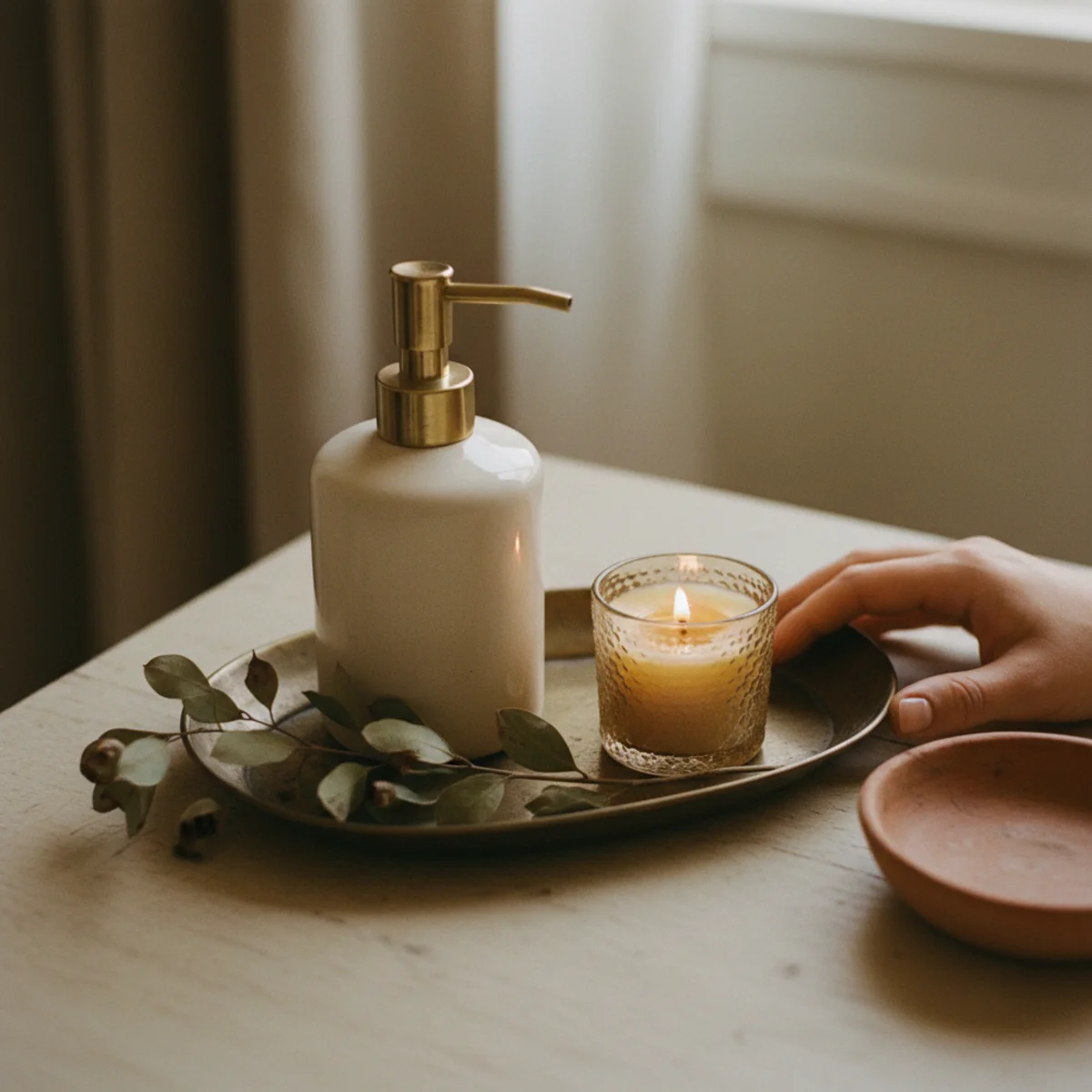 Small bathroom ideas — small aged brass tray on bathroom vanity containing ceramic soap dispenser, small beeswax votive, and dried botanical sprig showing the composed vanity vignette — Home Decor Aura