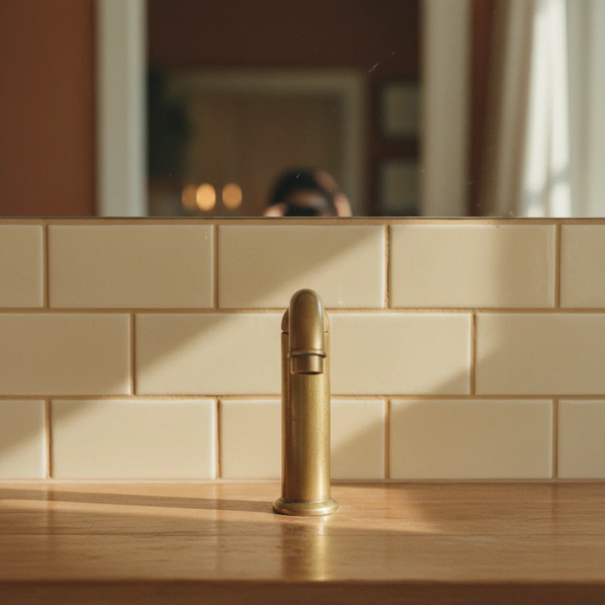 Small bathroom ideas — small bathroom with warm cream subway tile and tan grout showing the ambient warm light reflection across the tile surfaces — Home Decor Aura